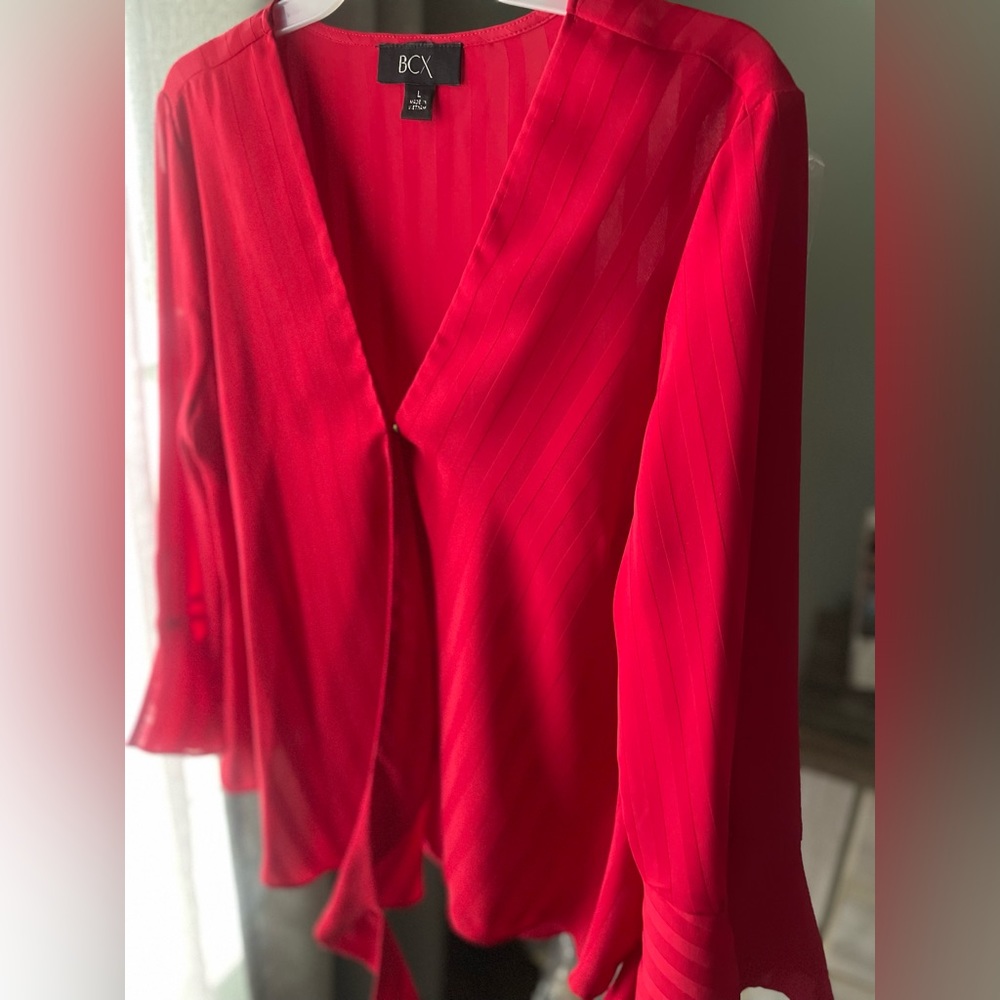 Worn once.  deep V sheer red top. Sheer. 3/4 bell sleeves.